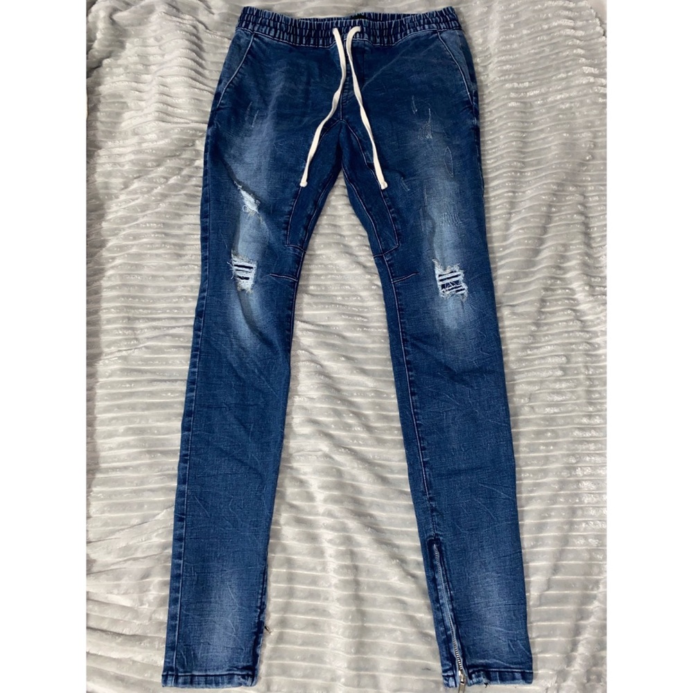 Distressed denim joggers